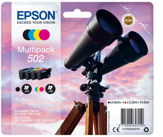 Epson 502 (Binoculars) Ink Cartridge Multi-Pack - Black, Cyan, Magenta, Yellow (C13T02V64010) 
