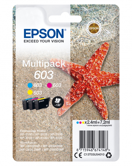 Epson 603 (Starfish) Tri-Colour Ink Cartridge Multi-Pack - Cyan, Magenta, Yellow (C13T03U54010) 