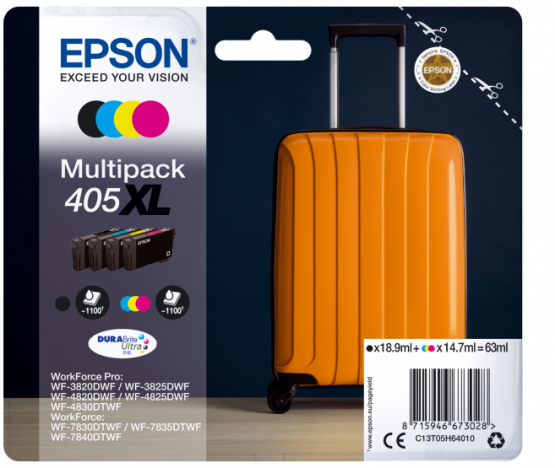 Epson 405XL (Suitcase) Ink Cartridge Multi-Pack - Black, Cyan, Magenta, Yellow -DURABrite Ultra Ink(C13T05H64010) 