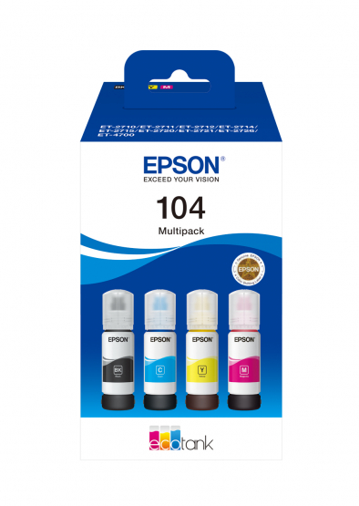 Epson 104 EcoTank Ink Bottle Multi-Pack - Black, Cyan, Magenta, Yellow(C13T00P640) 