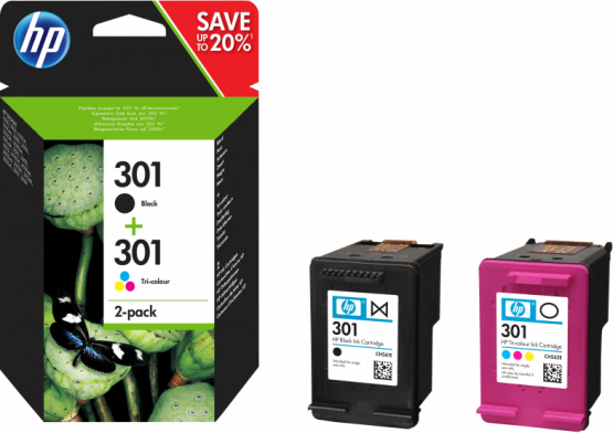 HP 301 2-pack Black/Tri-Colour Original Ink Cartridge - Cyan, Magenta, Yellow (N9J72AE) 