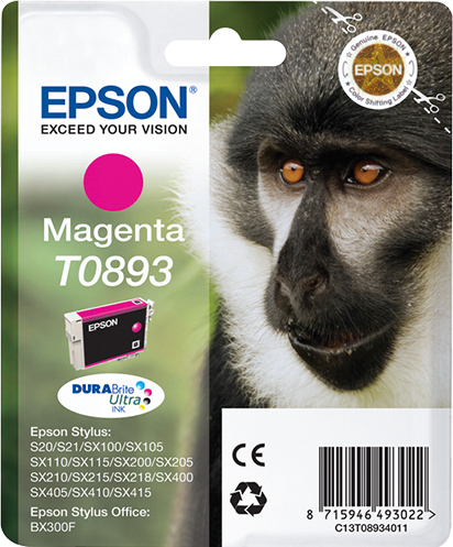 Epson T0893 (Monkey) Magenta Ink Cartridge - DURABrite Ultra Ink (C13T08934011) 