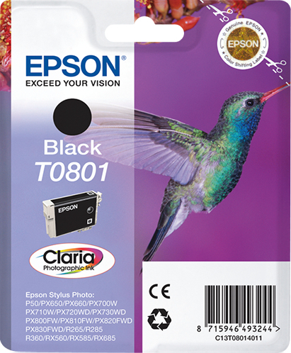 Epson T0801 (Hummingbird) Black Ink Cartridge - Claria Photographic Ink (C13T08014011) 